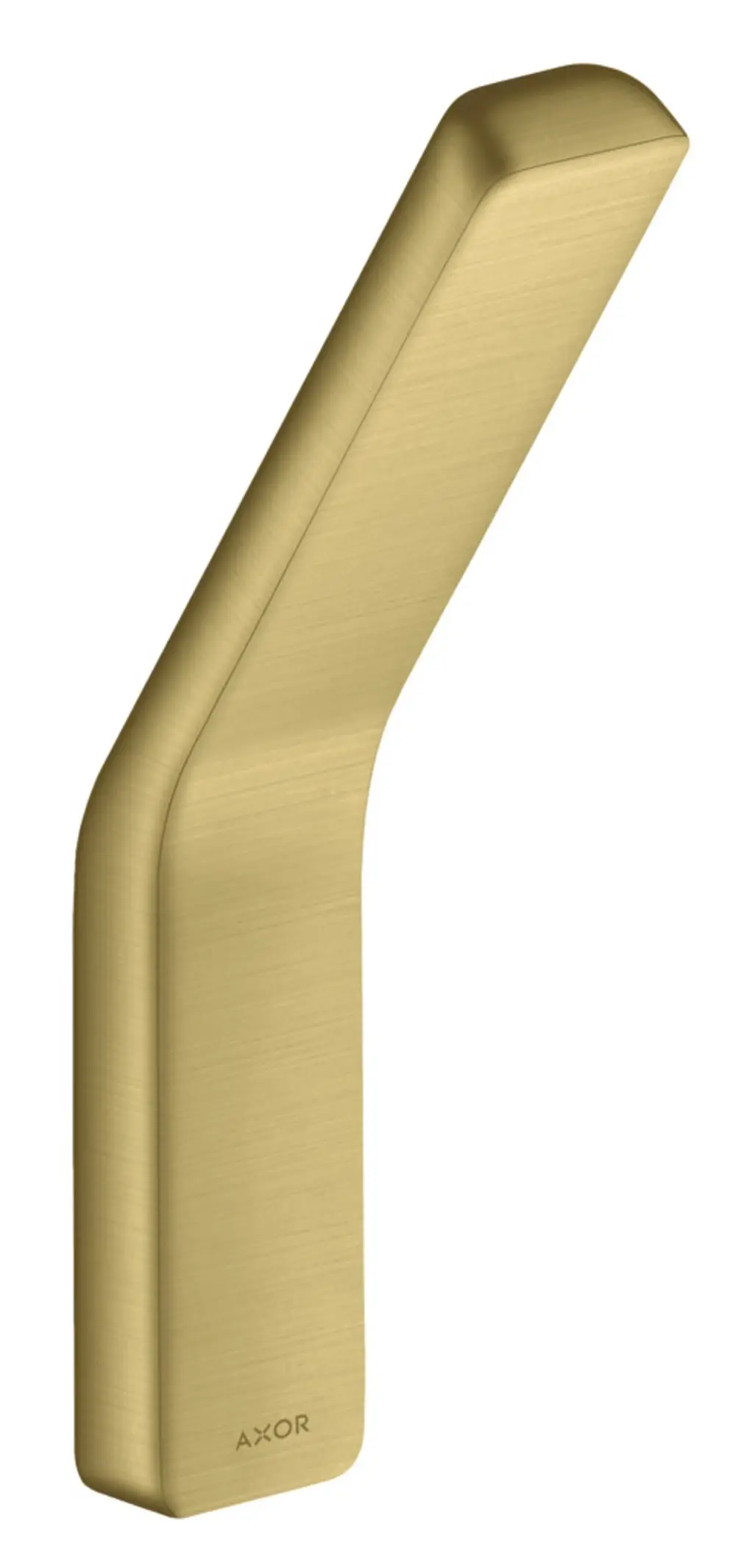 Haken aus gebürstetem Messing mit minimalistischer Form, markiert mit der Marke AXOR, geeignet zur Wandmontage für Handtücher oder ähnliche Gegenstände.